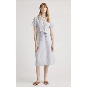 Quince Dress Button Front 100% European Linen Size XL Blue Pinstripe